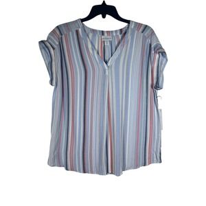 Liz Claiborne Womens M Blue Stripe V Neck Short Sleeve Blouse Top NEW